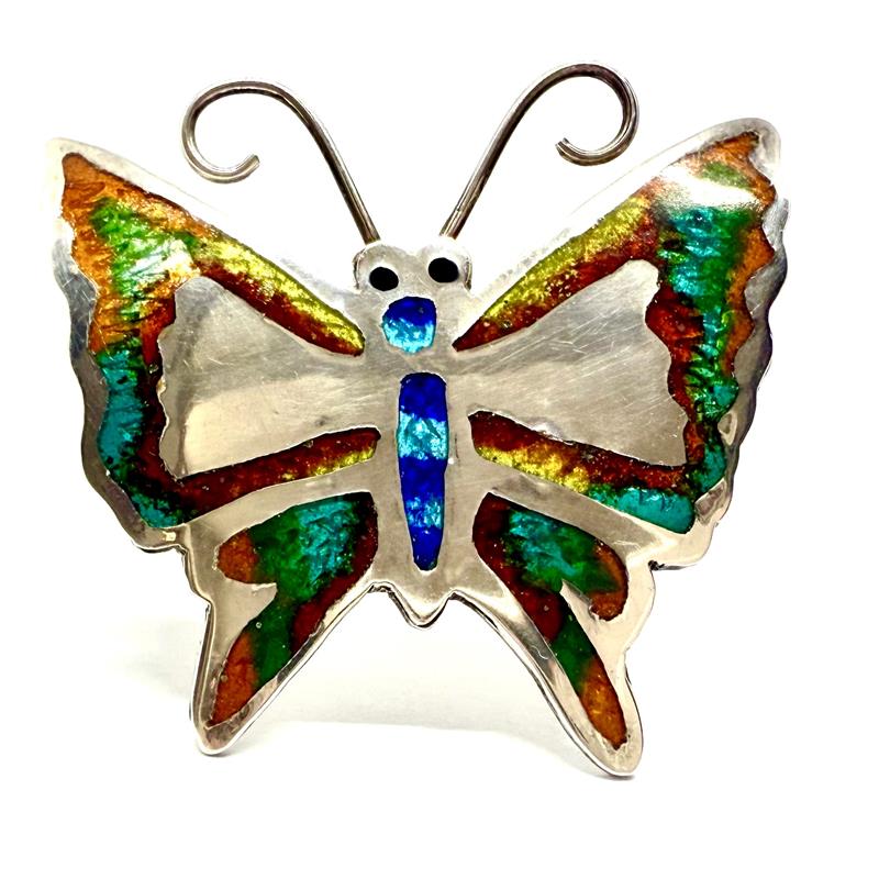 Stříbrná brož zdobená smalty - motýl