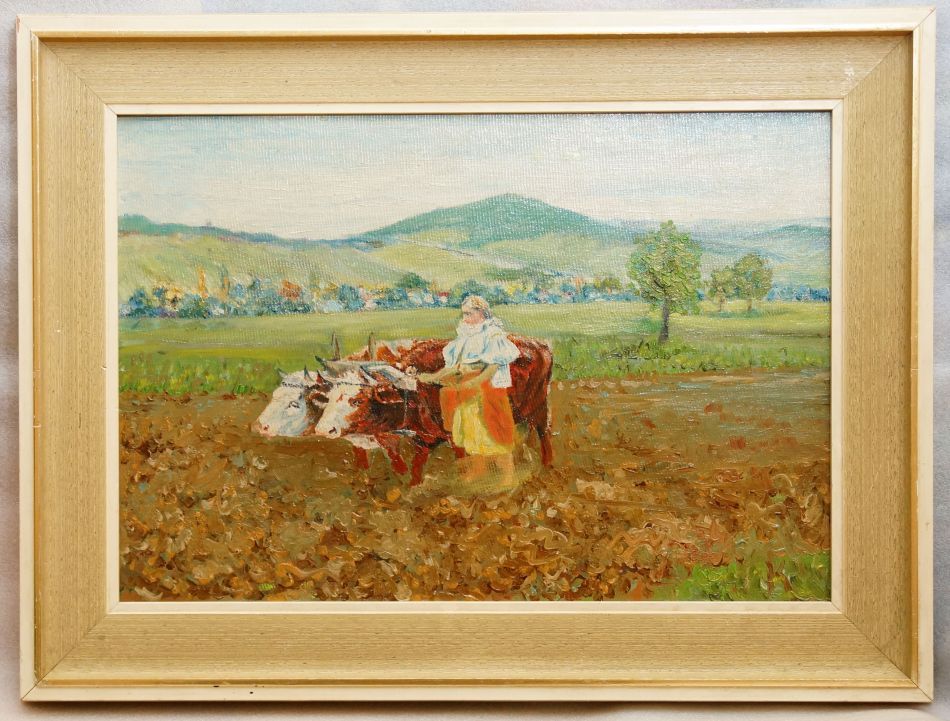 Dívka v kroji s párem volků, olej, signováno K