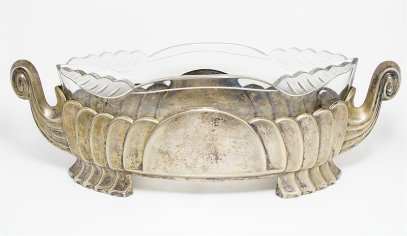 Luxusní Art - Deco žardiniéra ze skla a postříbřené alpaky