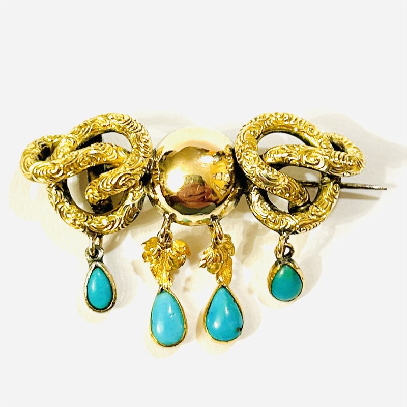 Zlatá biedermeierová brož s tyrkysy